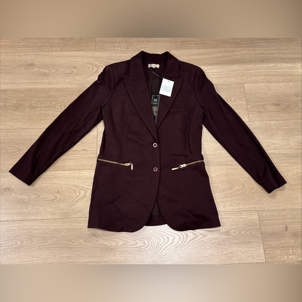 NWT DG2 by Diane Gilman 2 Button Blazer Jacket Zippered Pockets Brown Medium